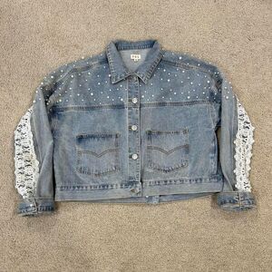 Blue denim jacket with pearl embellishments and‎ lace sleeves #denimjacket